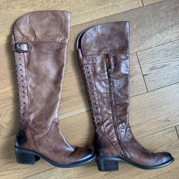 Vince Camuto Bollo Distressed Leather Studded Riding Boots Brown Size 8B/38 - Picture 2 of 16